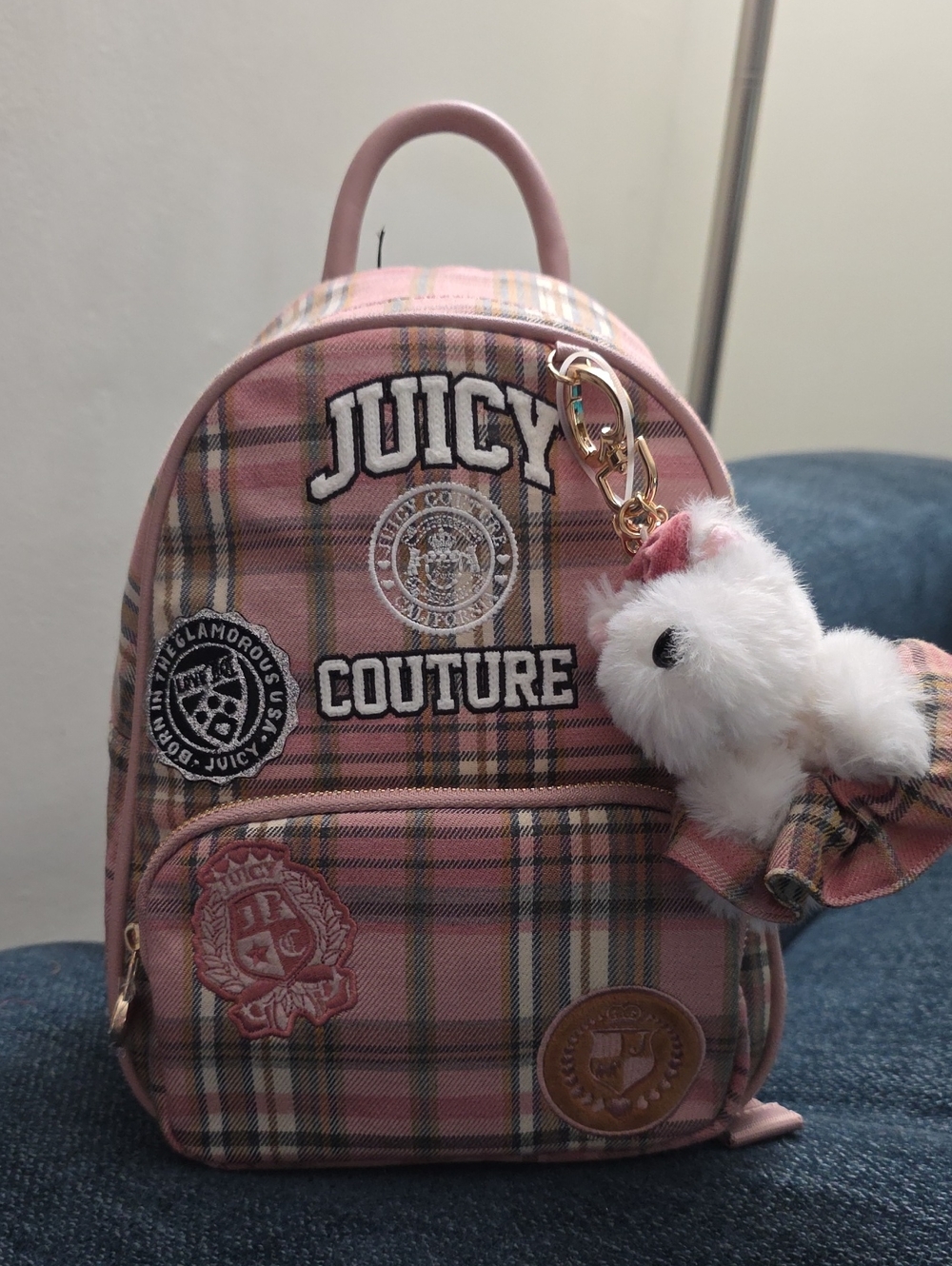 Juicy Couture Pink Plaid Kids Mini Backpack with Plush Keychain